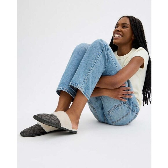 Coach Women's Smoke/Coal/Black Shearling Lined Logo Mules Zena Slippers Size 8 - Picture 2 of 5